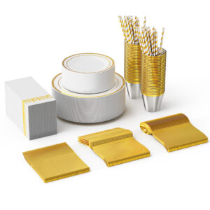 e690d143-d30d-4459-ba85-2db0e7f68033.jpg Set Of 50 Flat Plastic Round Gold Disposable Cutlery Containing Large And Small Plates, Cups, Cutlery, Paper Towels, Straws